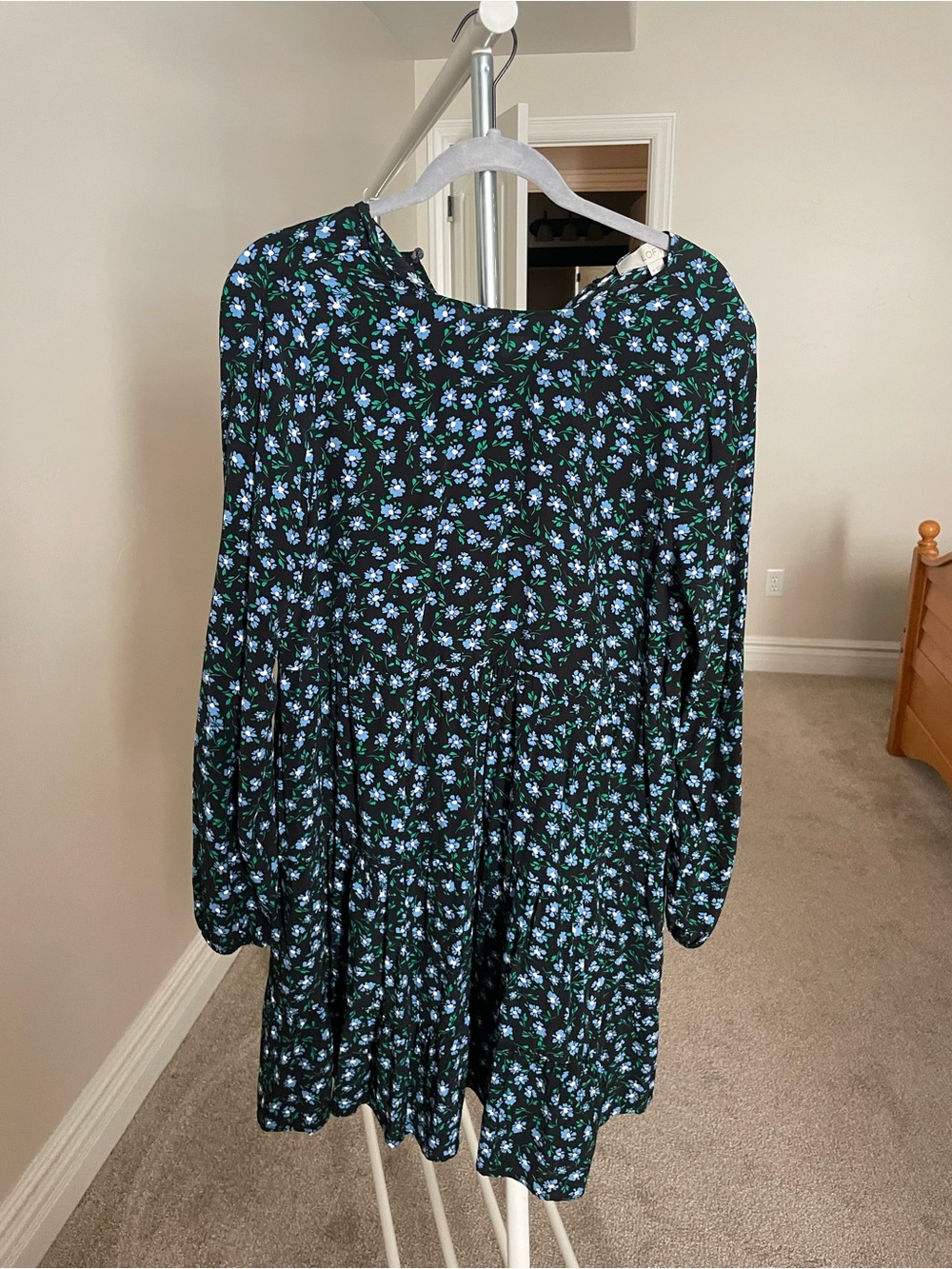 LOFT Black Dress with Blue Floral & Green Leaf Print